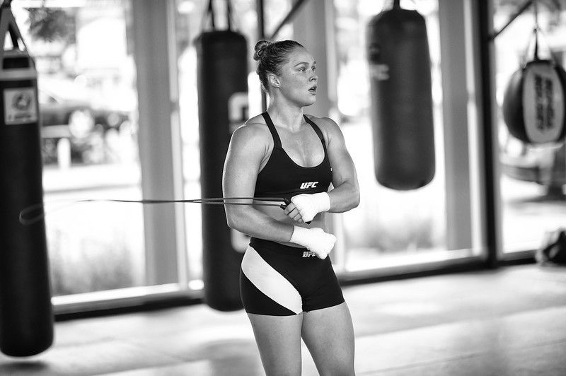 UFC Bantamweight Champion Ronda Rousey jumps rope after MMA sparring at the Glendale Fighting Club in Glendale, CA. Saturday, July 18, 2015. This is the sixth week of training camp for Rousey who will defend her title against #7 challenger Bethe Correia at UFC 190, Saturday Aug. 1, 2015 in Rio de Janeiro, Brazil. (Photo by Hans Gutknecht/Los Angeles Daily News)
