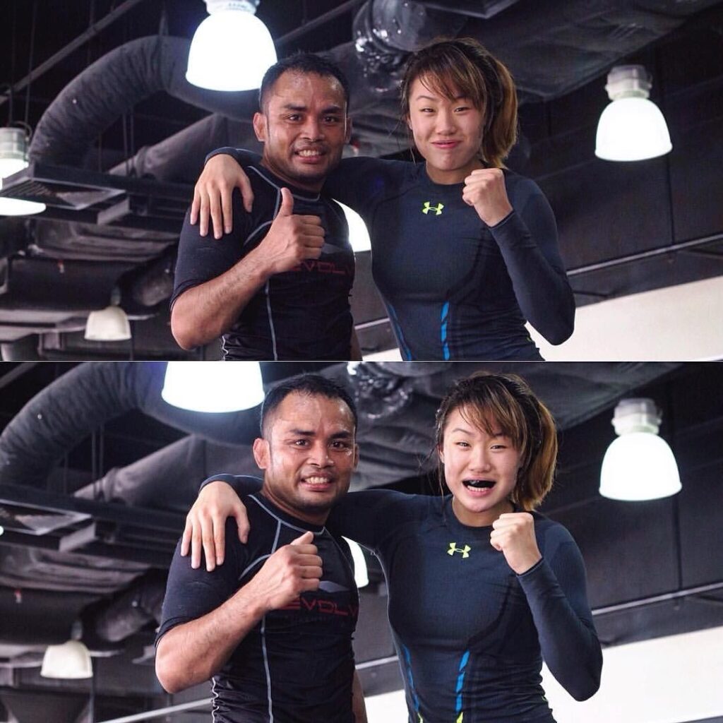 Angela trains hard with ONE Strawweight World Champion Dejdamrong Sor Amnuaysirichoke. 